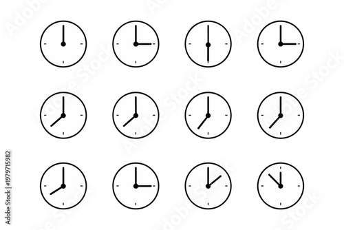 Collection of twelve minimalist clock faces showing different times on a white background
