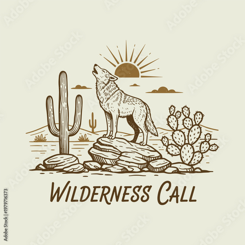 Wolf howling at desert landscape scene.