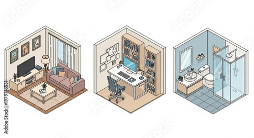 Isometric interior design views of modern living spaces.