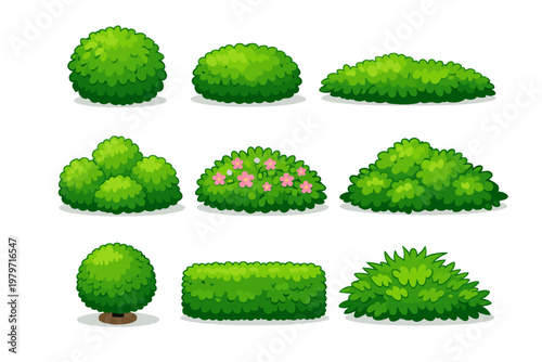 Collection of diverse cartoon green bushes and shrubs for landscaping design