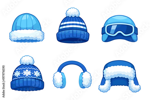 Collection of blue winter hats and ear warmers for cold weather protection
