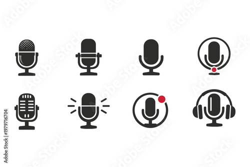 Collection of diverse microphone icons for audio recording and broadcasting needs