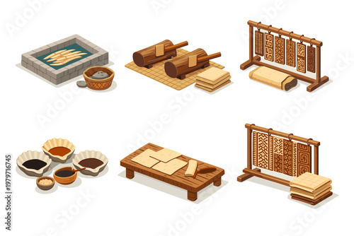 Traditional craft process with natural materials and tools for textile art