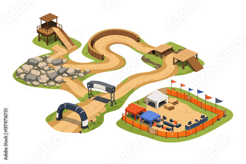 Isometric view of a dirt bike track with obstacles and event setup