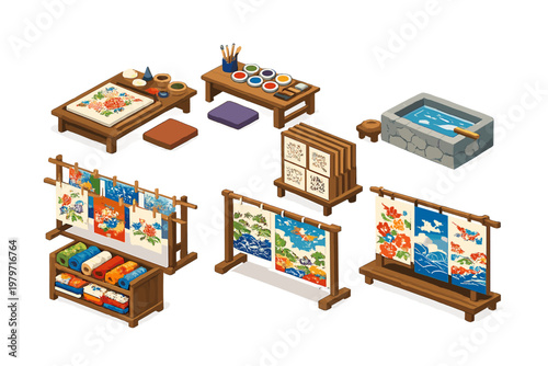 Traditional textile printing and dyeing workshop setup with colorful fabrics