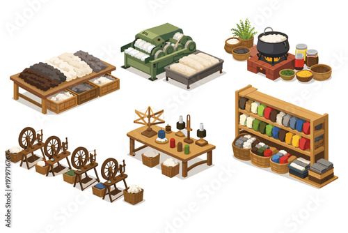 Textile manufacturing process from raw materials to finished goods in isometric view