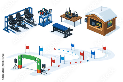 Winter sports event equipment and race course setup illustration