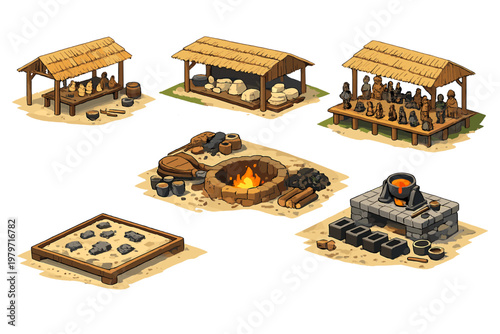 Ancient crafting village with pottery, blacksmithing, and market stalls