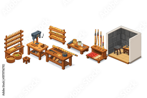 Traditional bamboo flute making workshop with tools and materials displayed