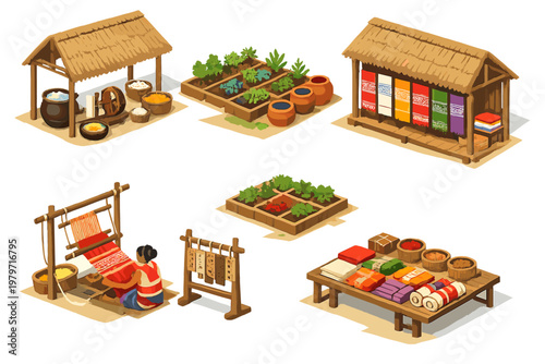 Traditional village life with farming, weaving, and market stalls