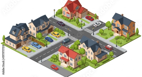 Isometric Neighborhood Houses Street Cars Trees Landscape.