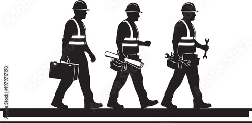 Three industrial construction workers walking in line carrying tools and blueprints silhouette of professional builders in safety gear uniform