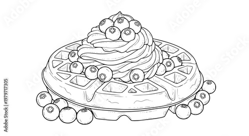 Isolated waffle with blueberries and whipped cream, black and white line art vector, hand drawn dessert illustration