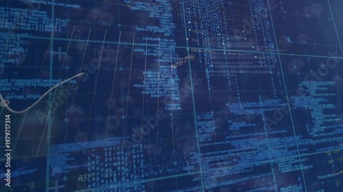 Animation of data processing and covid-19 cells floating against blue background