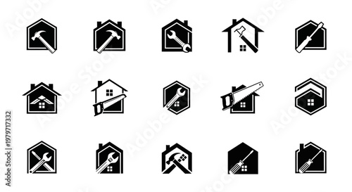Collection of house repair and construction service logos with tools.