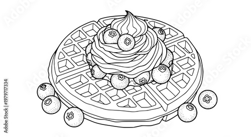 Isolated waffle with blueberries and whipped cream, black and white line art vector, hand drawn dessert illustration