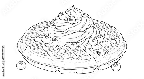 Isolated waffle with blueberries and whipped cream, black and white line art vector, hand drawn dessert illustration