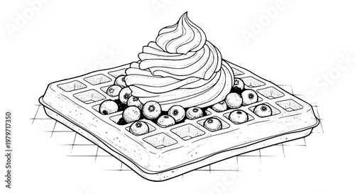 Isolated waffle with blueberries and whipped cream, black and white line art vector, hand drawn dessert illustration