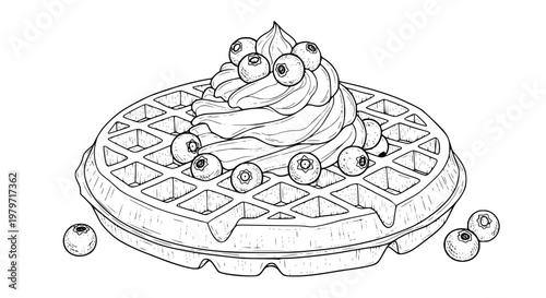 Isolated waffle with blueberries and whipped cream, black and white line art vector, hand drawn dessert illustration