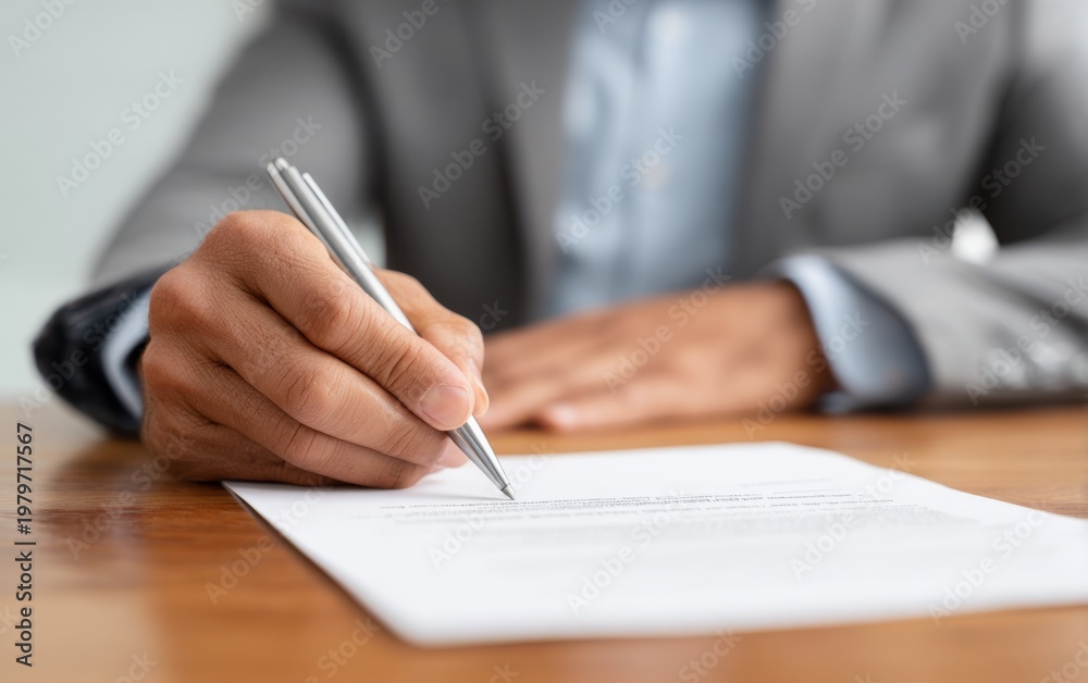 Fototapeta premium Lawyer signing a business contract on a wooden desk with a pen