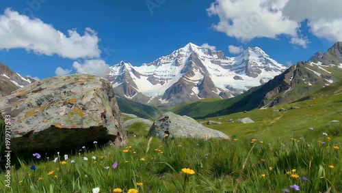 Exquisite 4K artistic painting of rocky alpine meadow with snow capped mountain peaks capturing high quality natural beauty and majestic wilderness landscape cinematic style