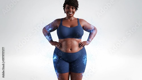 Plus size female body with cosmic galaxy overlay representing body positivity self acceptance and universe connection concept