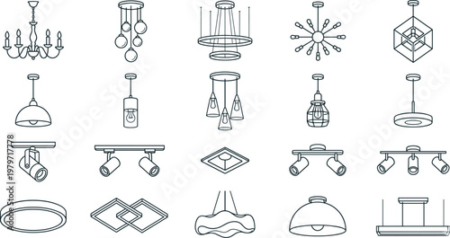 Chandelier and pendant lamp lighting icons set, modern interior light fixture line art collection, ceiling furniture vector illustration on transparent background