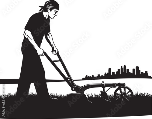 Farmer silhouette pushing manual plow in field with city skyline background illustrating urban agriculture and traditional farming techniques for