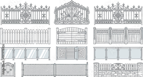 Fence and gate collection, wooden and metal garden barrier vector set, decorative wrought iron and picket line art illustration on transparent background