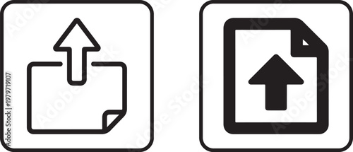 Simple graphic interface buttons representing digital file uploading and data transfer functions showing standard modern web icons for user interaction designs within computer software interfaces pres