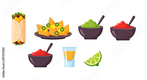 Mexican Food Icon Set - Taco, Nachos, Guacamole, Salsa, Tequila & Lime Vector Icons