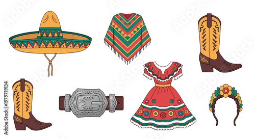 Mexican Traditional Costume Icon Set – Sombrero, Poncho, Dress, Boots, Belt Flat Vector Cinco de Mayo Illustration