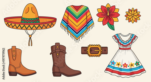 Cinco de Mayo Traditional Costume Icon Set – Sombrero, Poncho, Dress, Boots Mexican Culture Flat Vector
