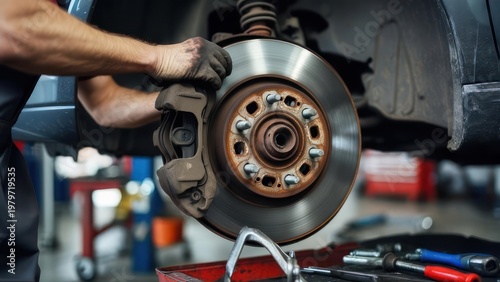 Mechanic working on car brake