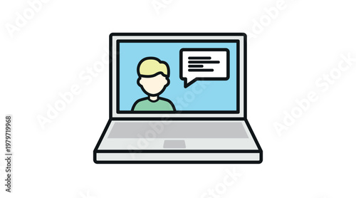 Laptop video chat and online consultation icon: portable computer with person profile and speech bubble, soft colors offset fill and black line vector illustration.