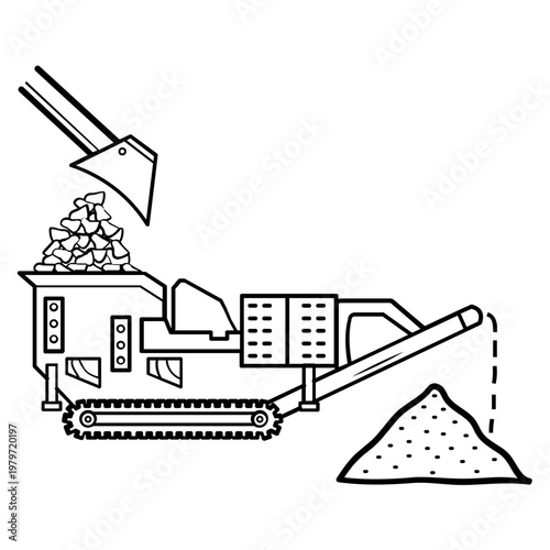 mobile stone crusher machine concept, rock crushing and conveyor system vector icon design, 