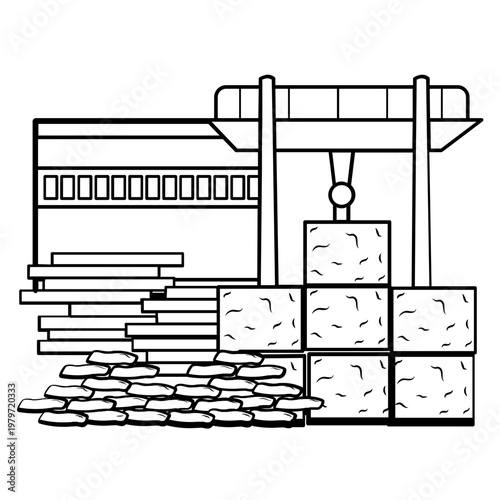 industrial stone handling yard concept, heavy marble block lifting operation vector icon design