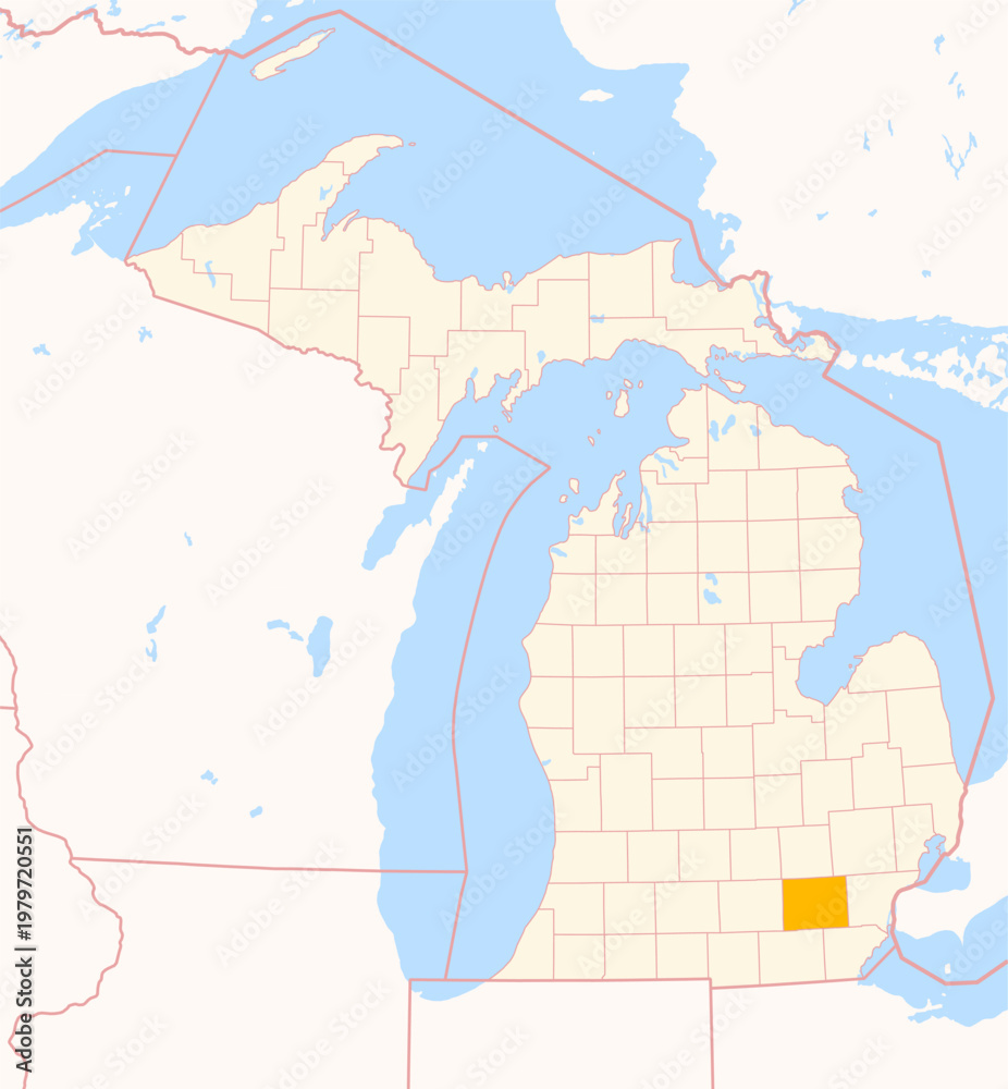 Fototapeta premium Map of the County Washtenaw (Michigan, US) showing the Federal State with the highlighted County