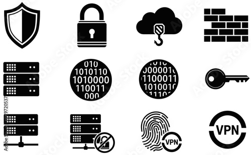 Cyber security and network protection icons featuring shield, padlock, vpn, server, and digital data encryption.