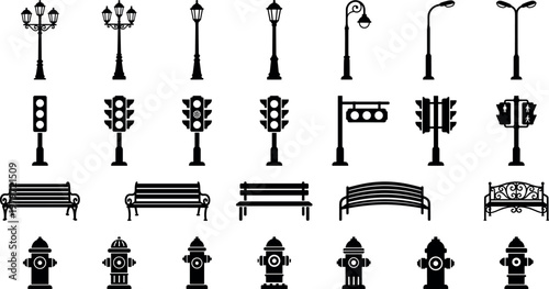 City infrastructure icons set, street lamp traffic light and park bench silhouettes, urban furniture vector collection on transparent background
