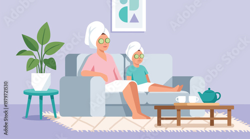 Grandmother and child relaxing on sofa with tea in living room