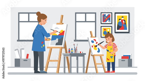 Adult and Child Painting in Art Studio