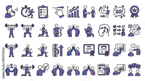 Gym and Personal Training Icon Set in Hand-Drawn Style. A collection of fitness linear icons, including coach, whistle, barbell, stopwatch, progress, certificate, and more. Vector art.