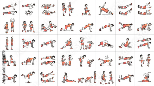 Fitness Workout Exercise Icon Set in Sketch Style. A collection of Bodyweight Linear Icons, Including pushups, squats, lunges, planks, crunches, jumping jacks, stretching, yoga