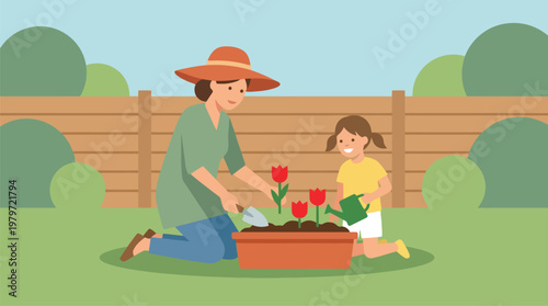 Parent and child planting red tulips in a garden bed