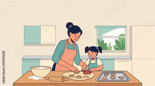 Mother and daughter Baking Cookies in Kitchen