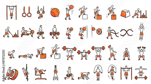 Functional Fitness Icon Set in Hand-Drawn Style. A collection of workout linear icons, including barbell, kettlebell, rowing, box jump, tire flip, rope climb, squat, and more. Vector design.