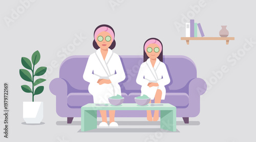 Two women in robes with facial masks seated on sofa during spa treatment