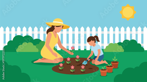 Mother and daughter gardening in sunny garden with flowers and fence