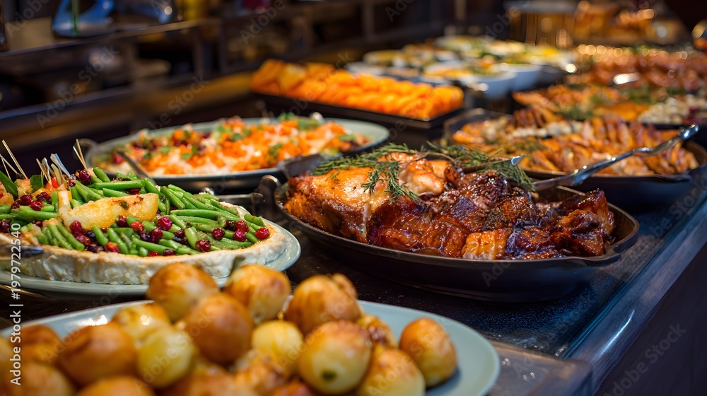 Obraz premium Buffet service presenting a wide selection of hot and cold meals for a celebratory event